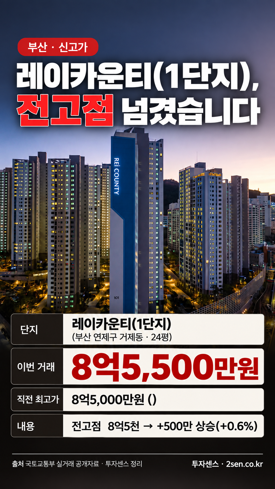 부산 레이카운티(1단지) 24평 신고가 8억5,500만원