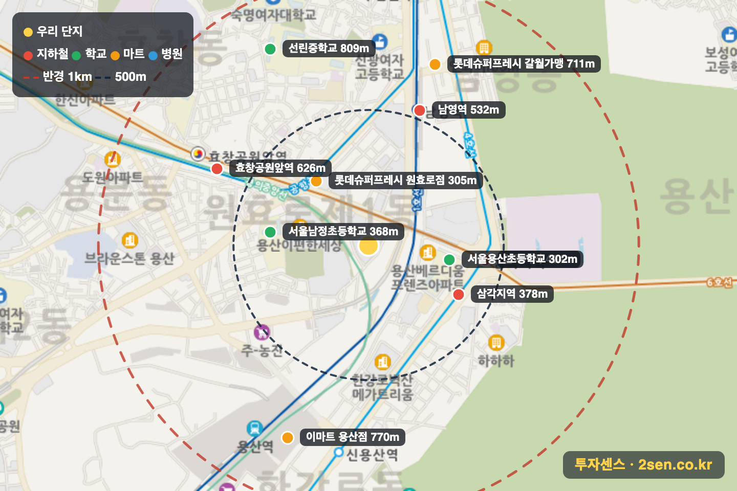 CJ나인파크 반경 1km 입지 지도(지하철·학교·마트)