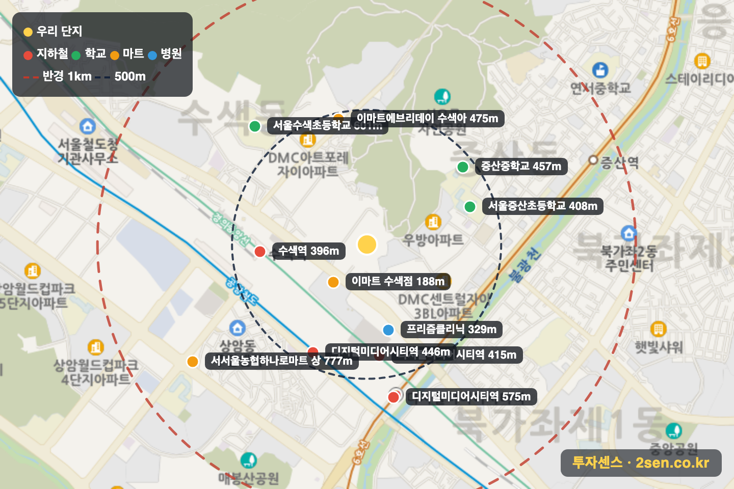 DMCSKVIEW 반경 1km 입지 지도(지하철·학교·마트)
