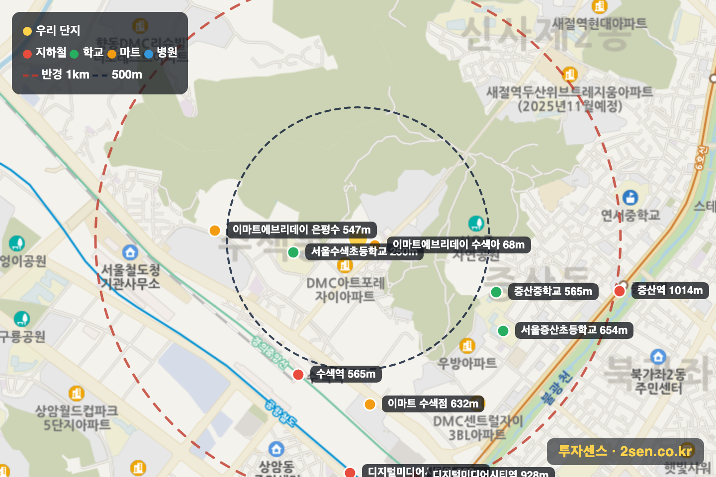 DMC아트포레자이 반경 1km 입지 지도(지하철·학교·마트)