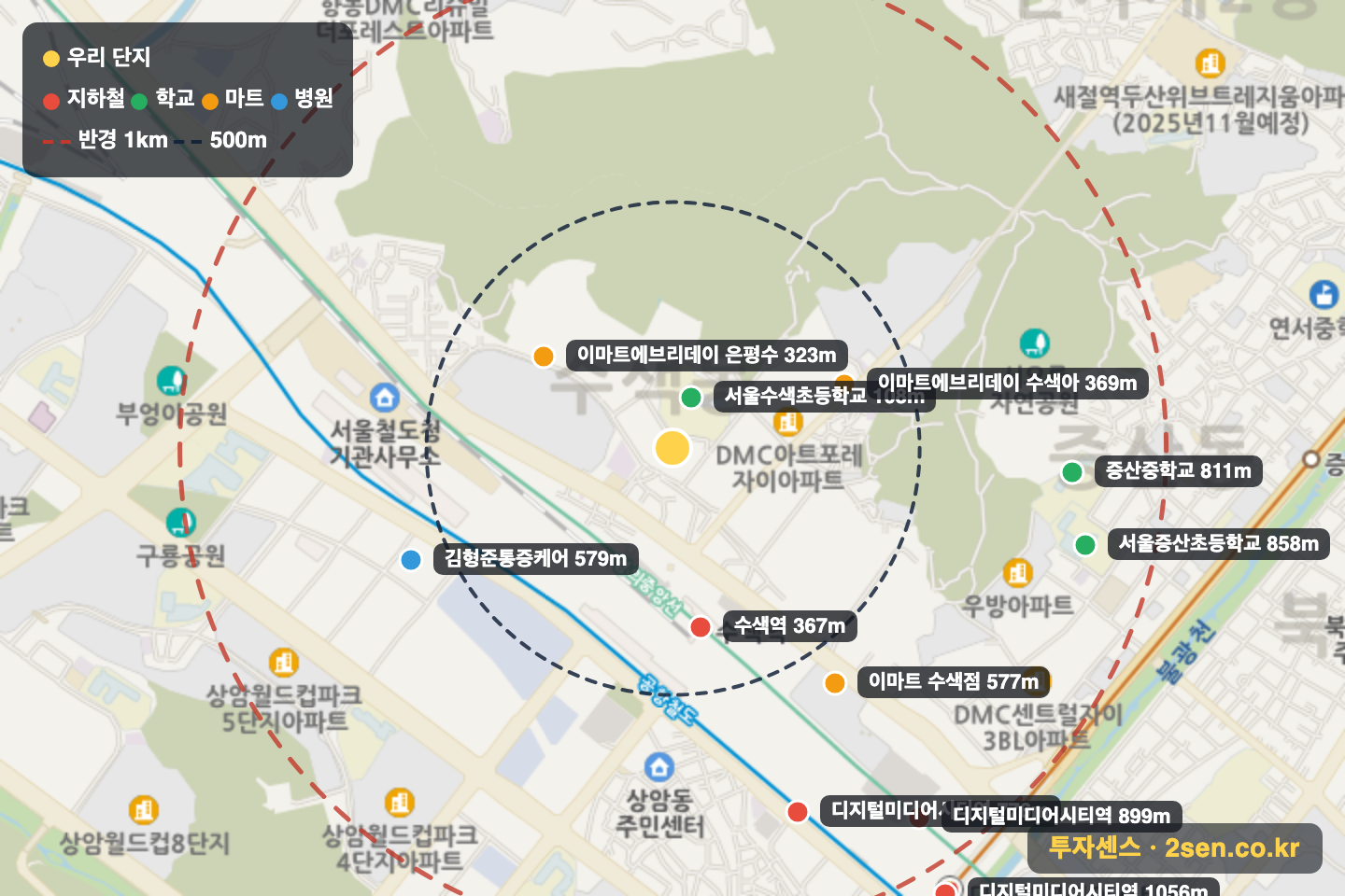 DMC파인시티자이 반경 1km 입지 지도(지하철·학교·마트)