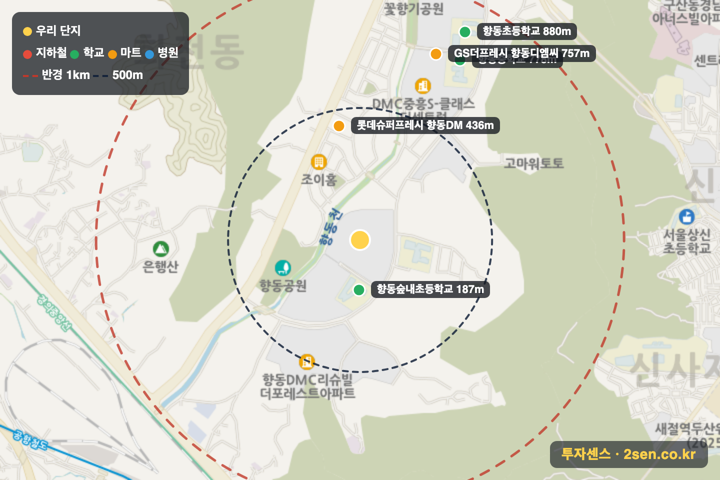 DMC호반베르디움더포레4단지 반경 1km 입지 지도(지하철·학교·마트)