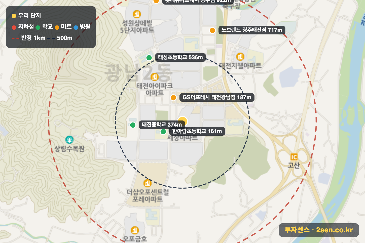 e-편한세상 반경 1km 입지 지도(지하철·학교·마트)