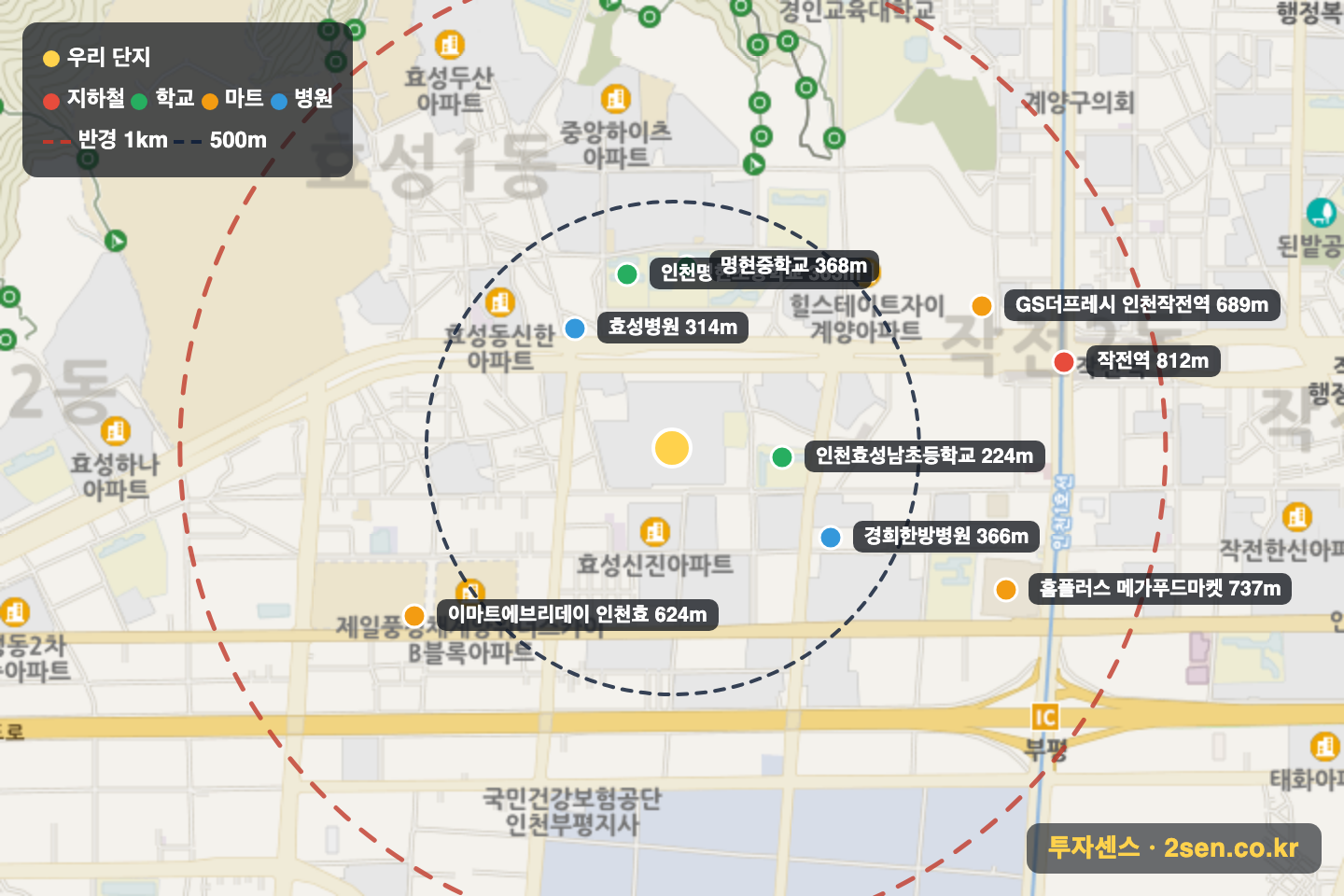 e편한세상 계양 더프리미어 반경 1km 입지 지도(지하철·학교·마트)