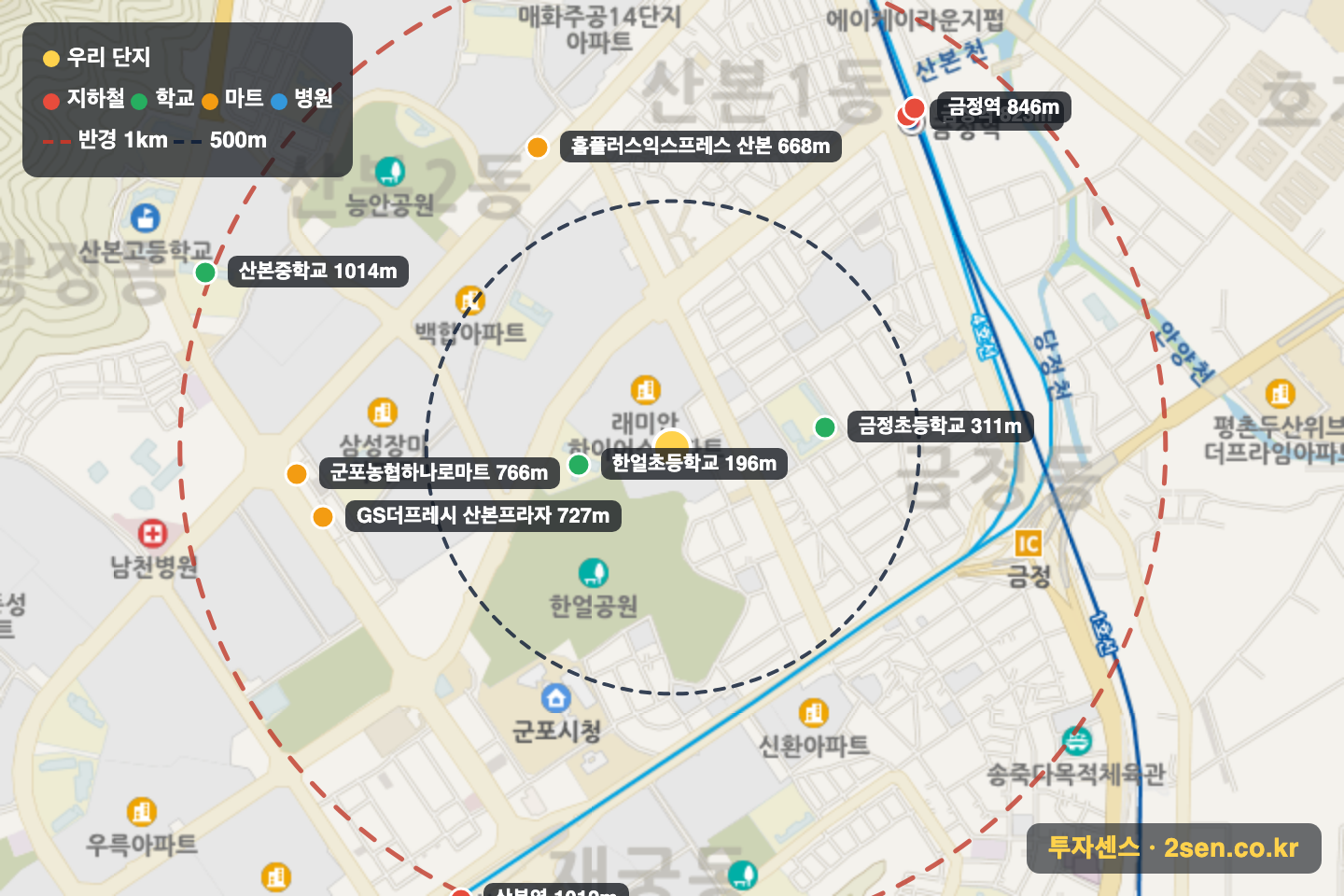 e편한세상 금정역 에코센트럴 아파트 반경 1km 입지 지도(지하철·학교·마트)