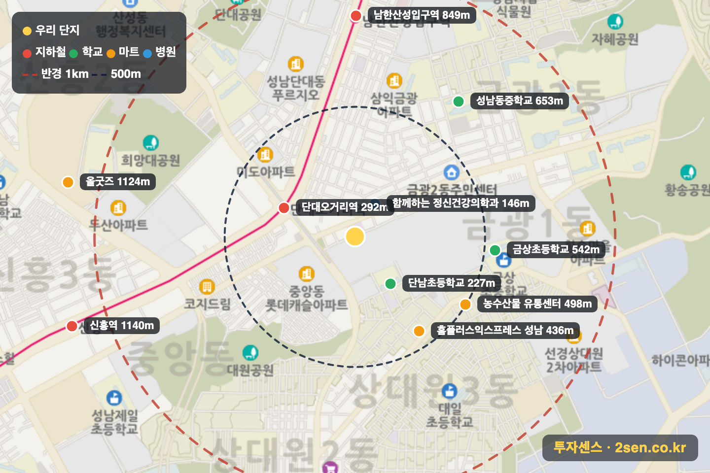 e편한세상금빛그랑메종1단지 반경 1km 입지 지도(지하철·학교·마트)