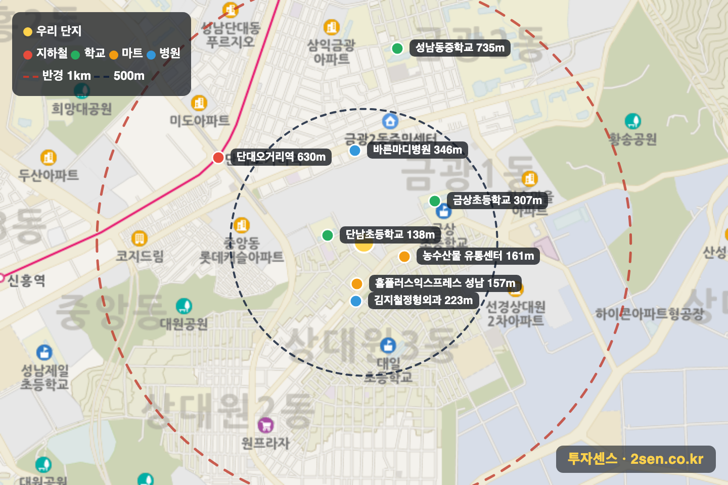 e편한세상금빛그랑메종2단지 반경 1km 입지 지도(지하철·학교·마트)