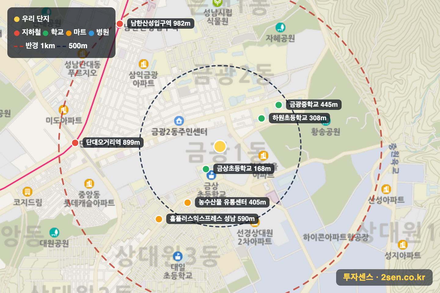 e편한세상금빛그랑메종4단지 반경 1km 입지 지도(지하철·학교·마트)