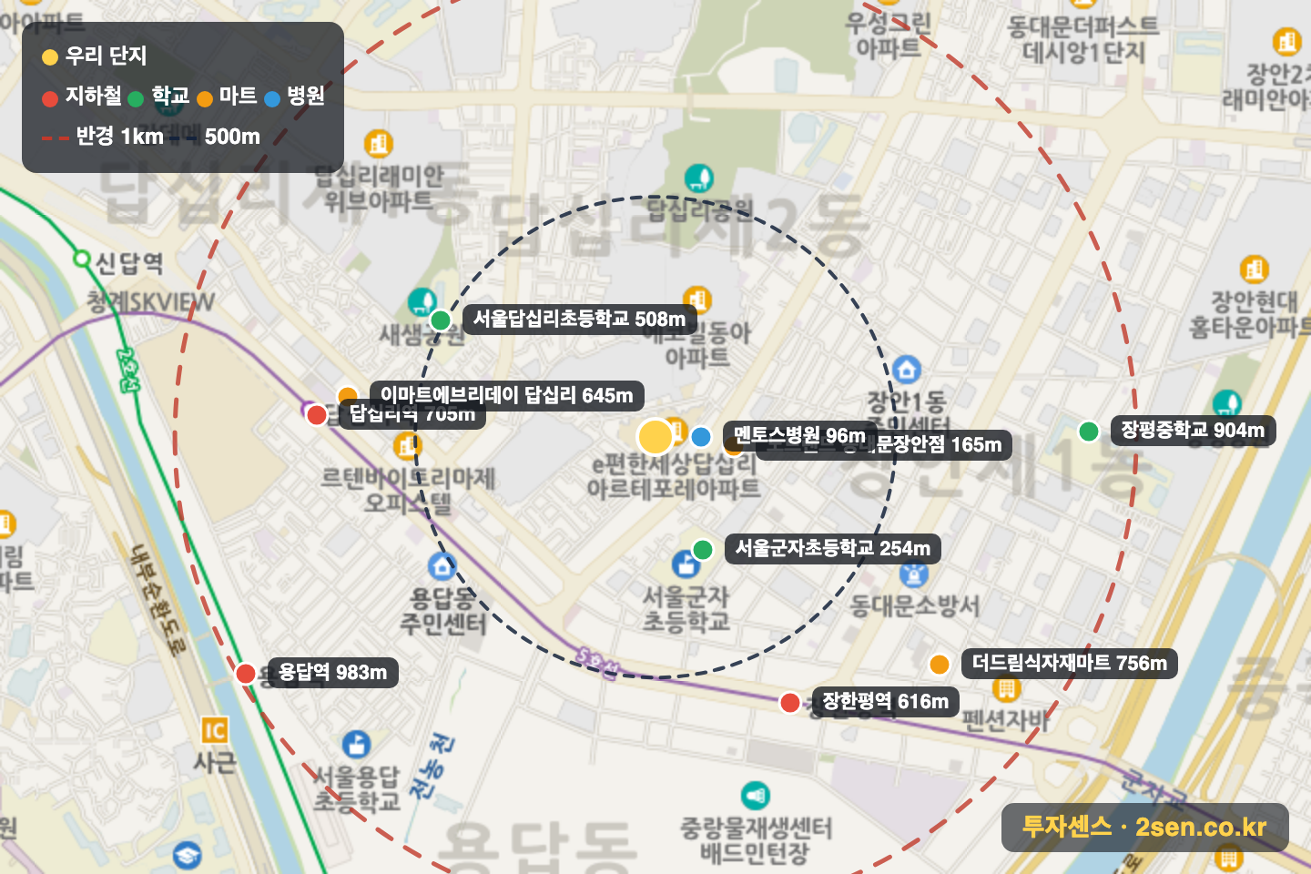 e편한세상답십리아르테포레 반경 1km 입지 지도(지하철·학교·마트)
