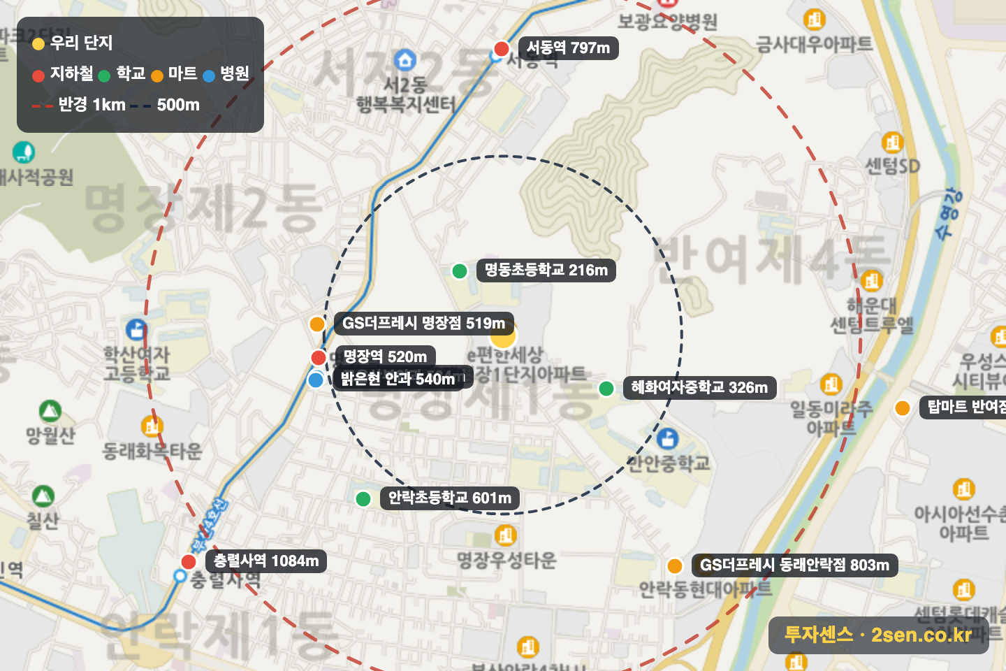 e편한세상동래명장1단지 반경 1km 입지 지도(지하철·학교·마트)