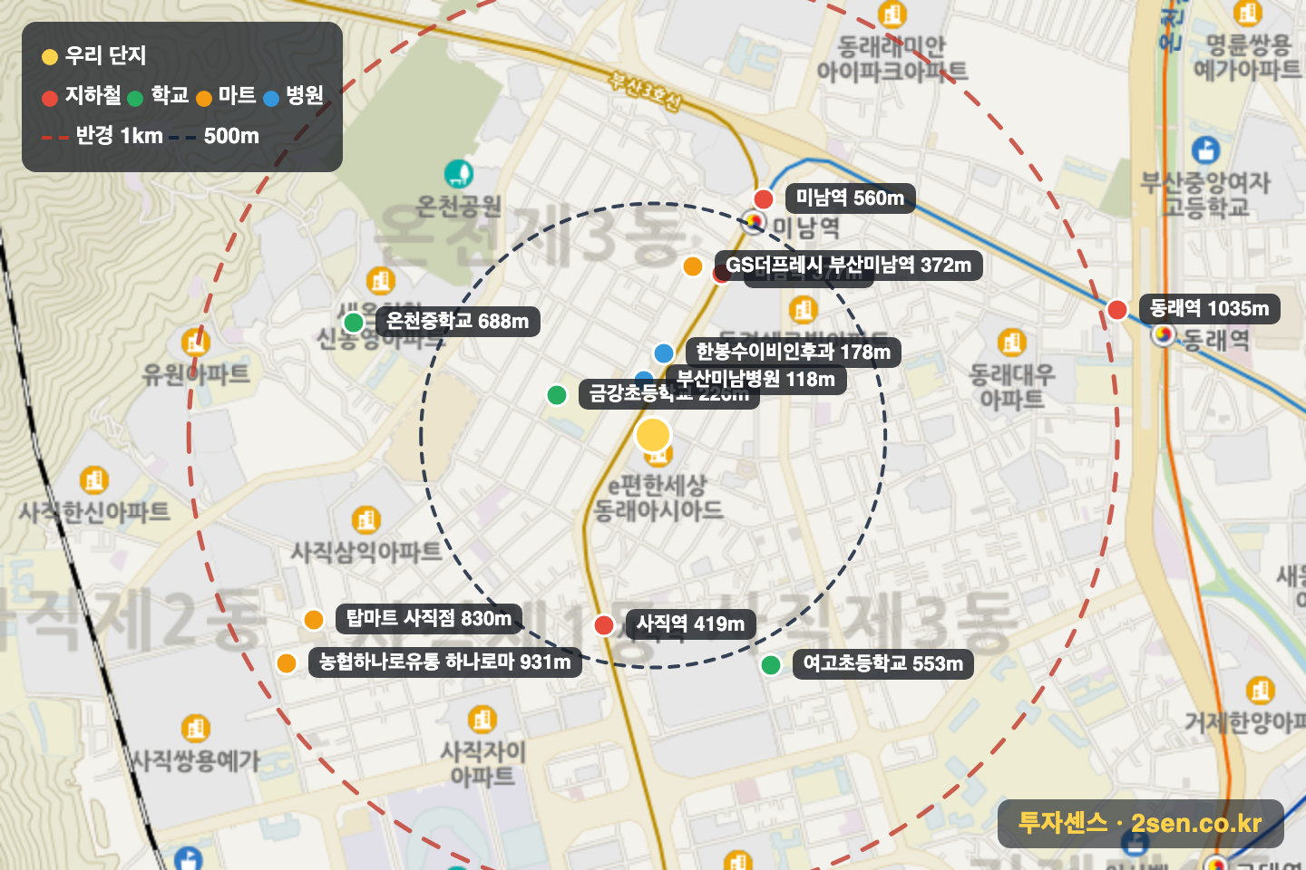 e편한세상동래아시아드 반경 1km 입지 지도(지하철·학교·마트)