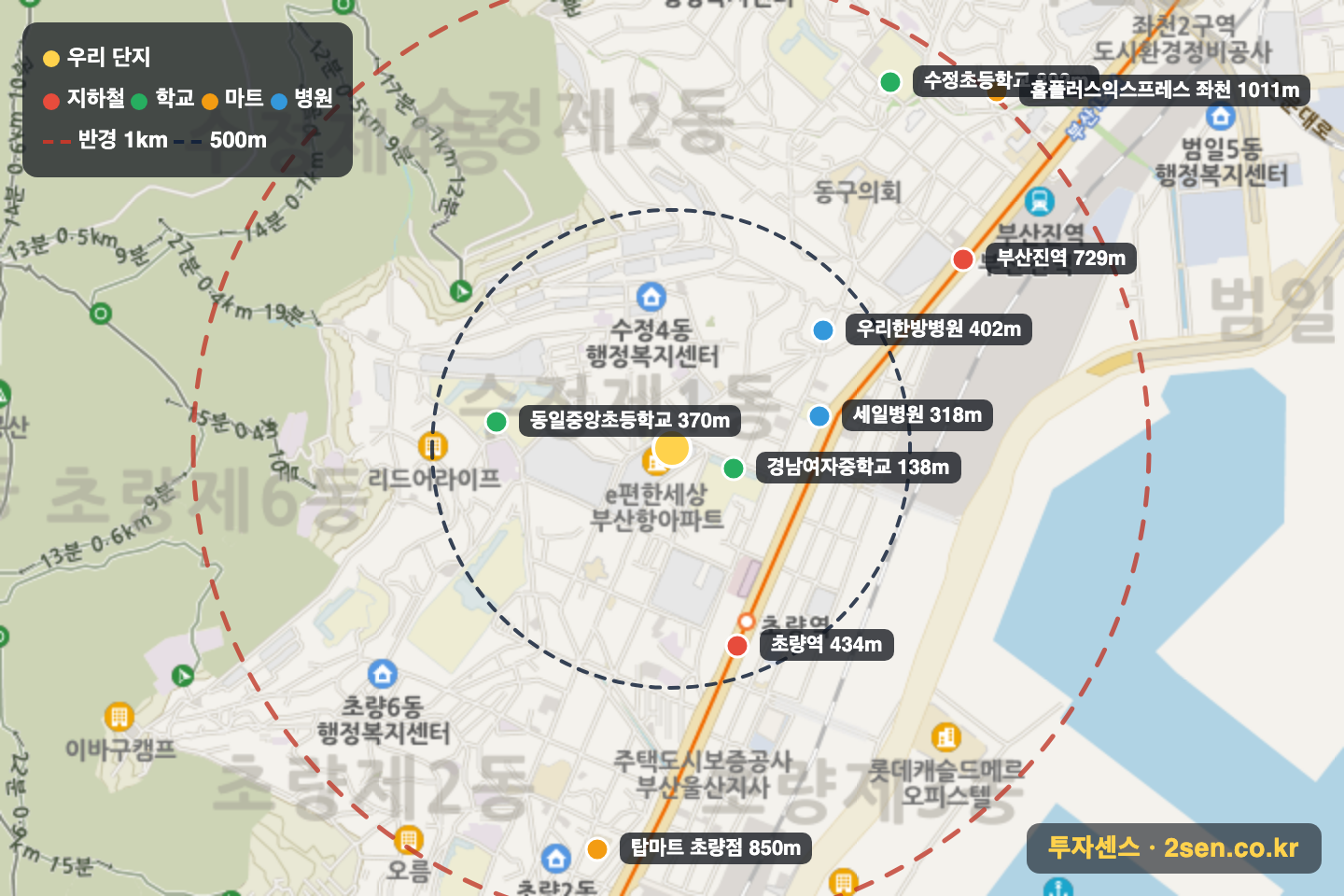 e편한세상부산항 반경 1km 입지 지도(지하철·학교·마트)