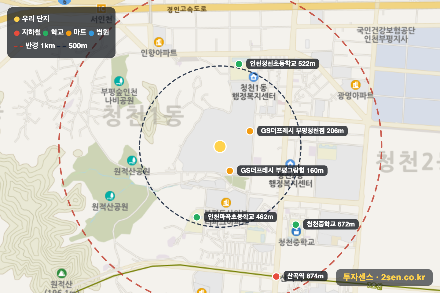 e편한세상부평그랑힐스 반경 1km 입지 지도(지하철·학교·마트)