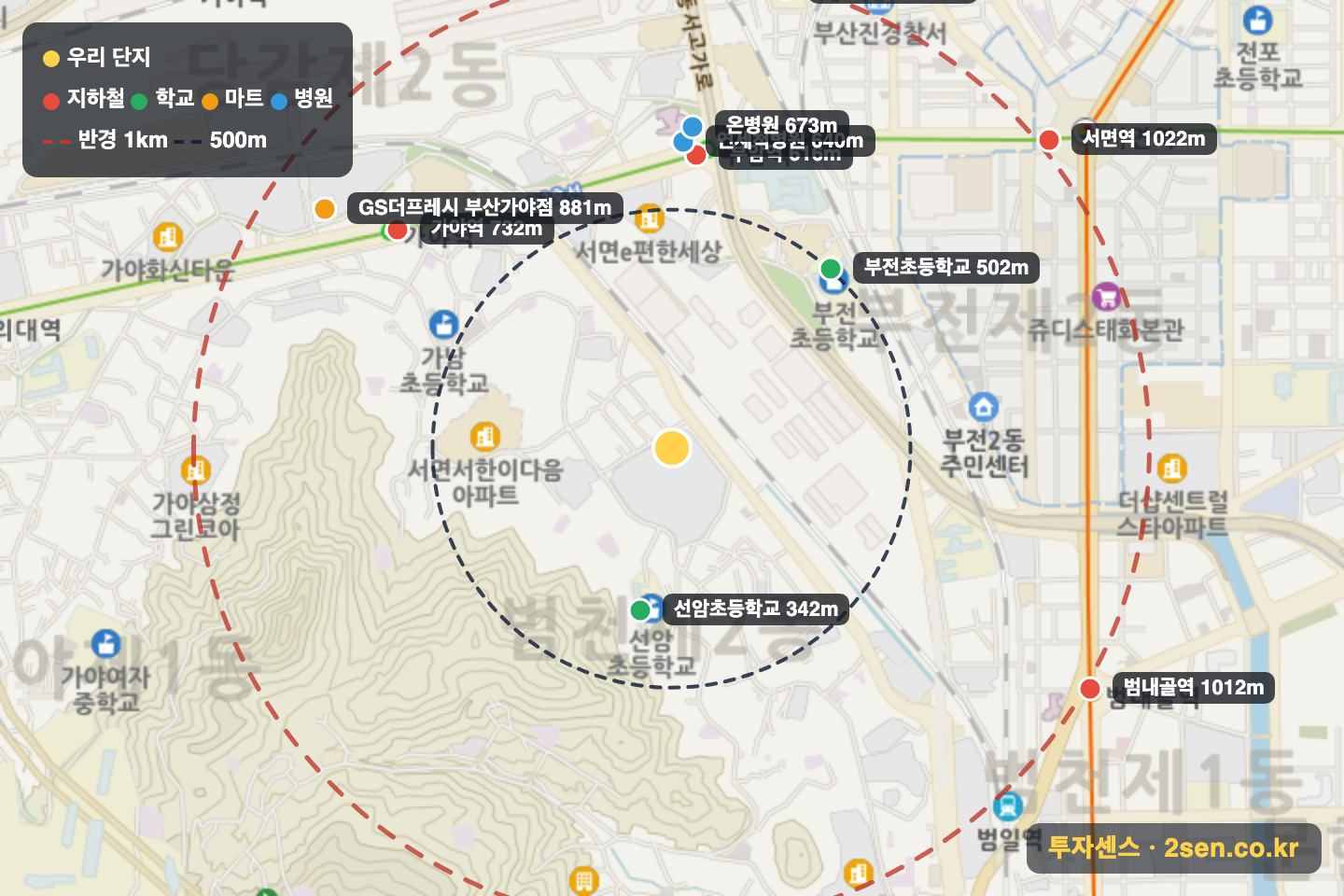e편한세상서면더센트럴 반경 1km 입지 지도(지하철·학교·마트)