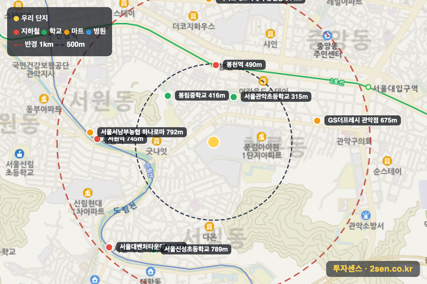 e편한세상서울대입구2단지 반경 1km 입지 지도(지하철·학교·마트)
