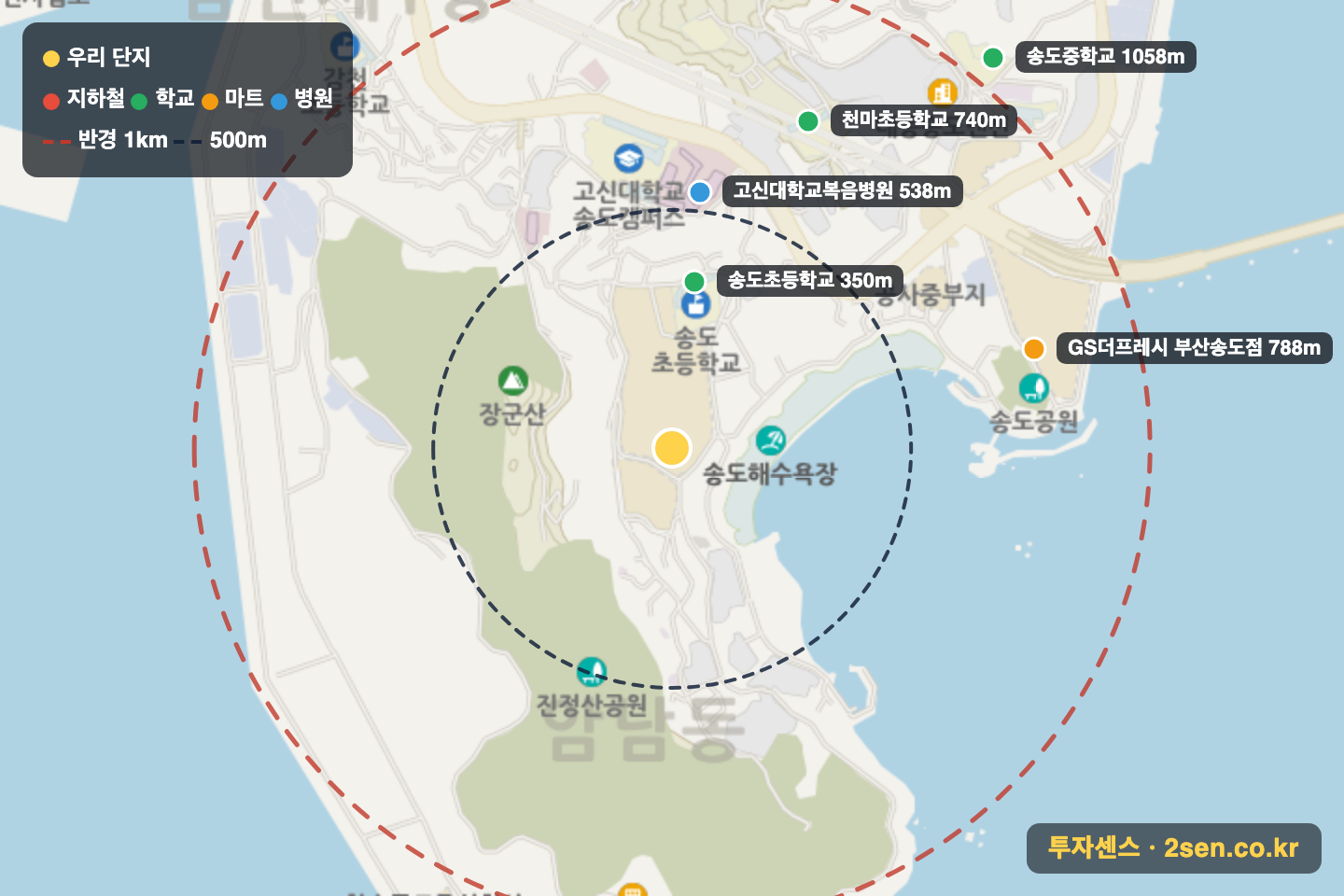 e편한세상송도더퍼스트비치 반경 1km 입지 지도(지하철·학교·마트)