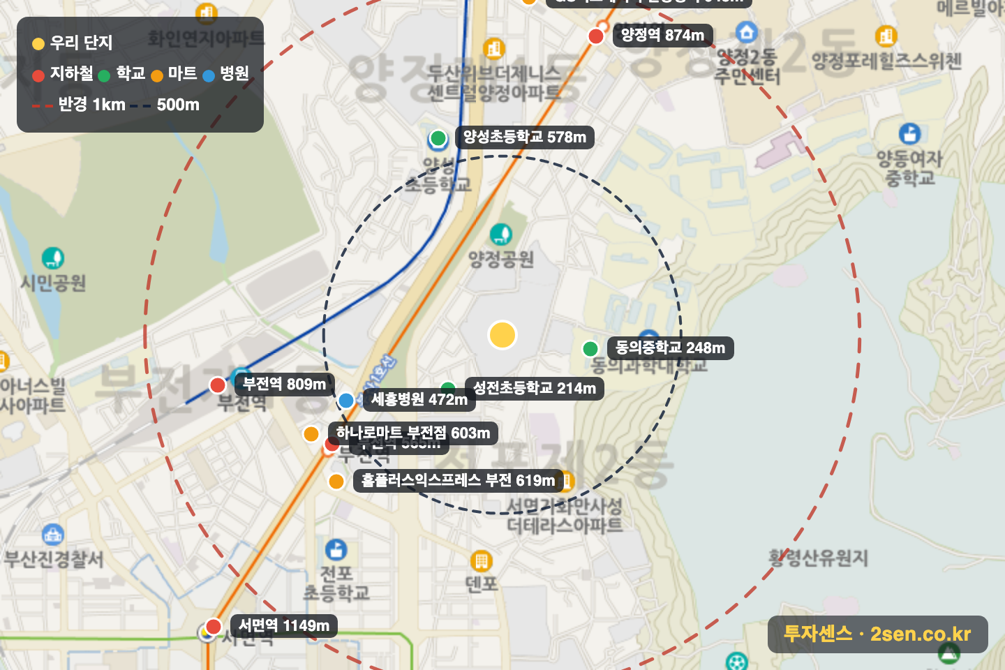 e편한세상시민공원1단지 반경 1km 입지 지도(지하철·학교·마트)