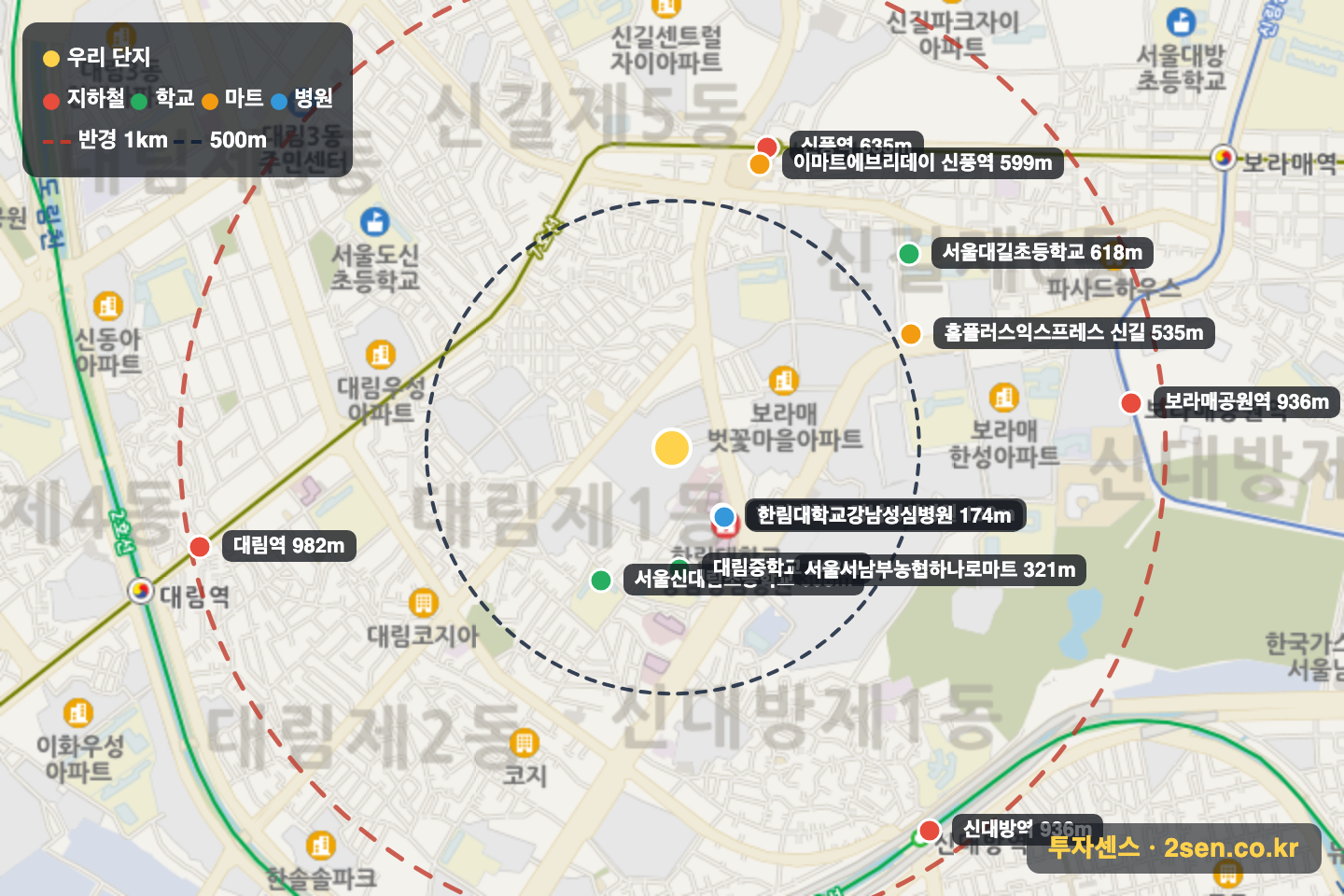 e편한세상영등포아델포레 반경 1km 입지 지도(지하철·학교·마트)