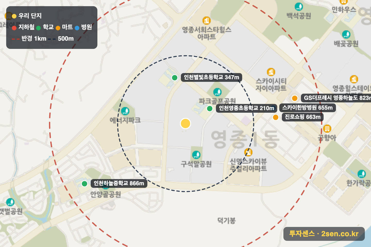 e편한세상영종국제도시센텀베뉴 반경 1km 입지 지도(지하철·학교·마트)