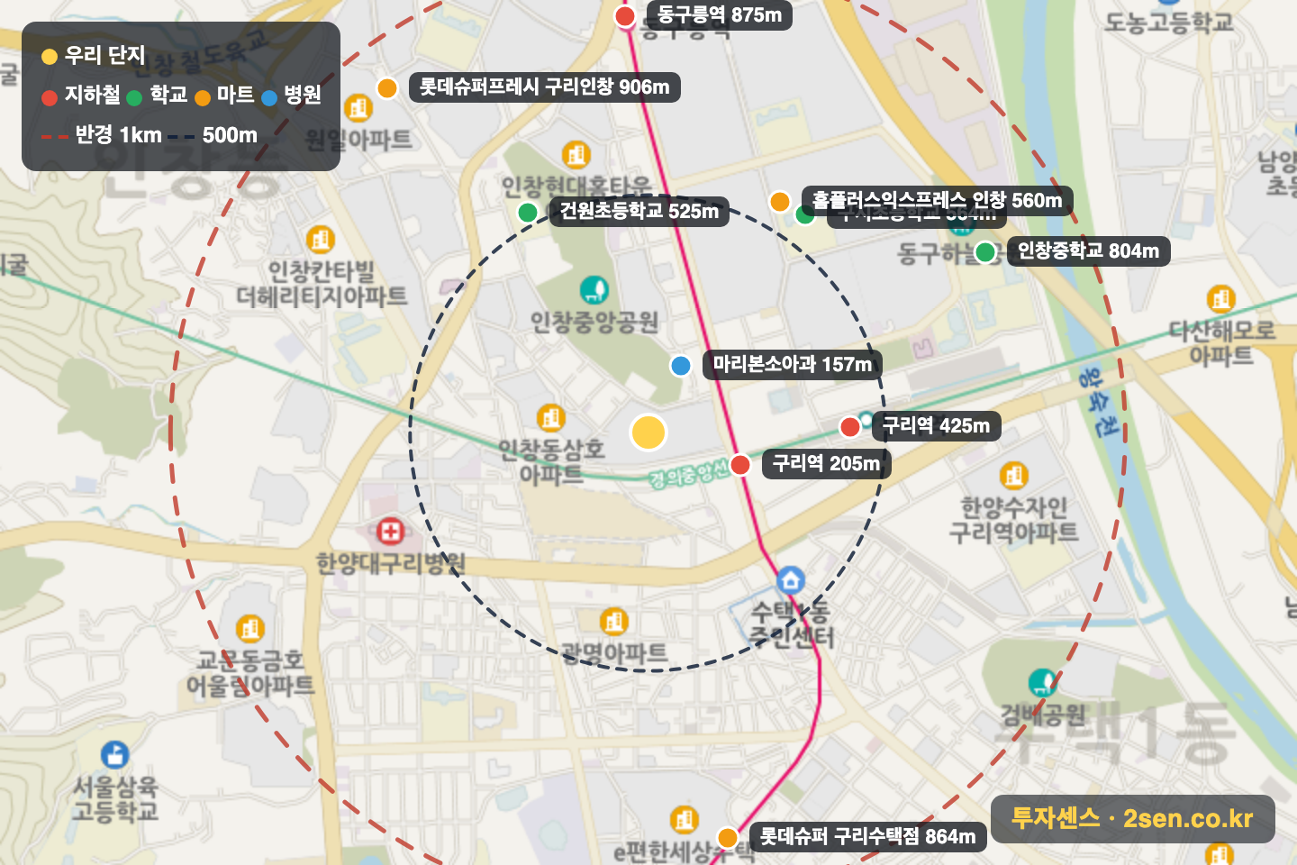 e편한세상인창어반포레 반경 1km 입지 지도(지하철·학교·마트)