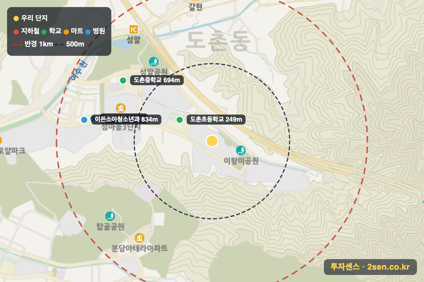 東분당파크뷰 반경 1km 입지 지도(지하철·학교·마트)