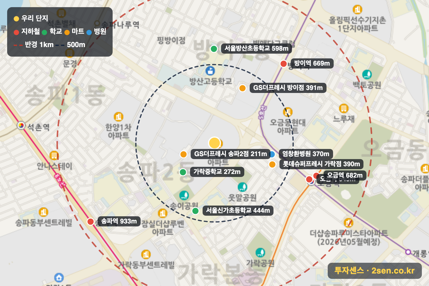 가락삼익맨숀 반경 1km 입지 지도(지하철·학교·마트)