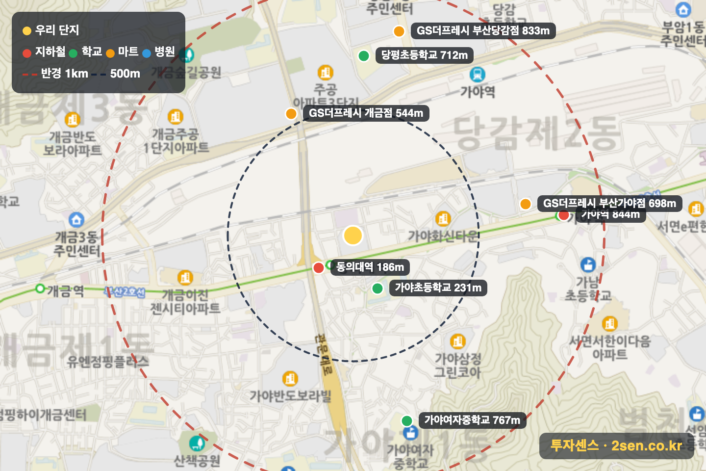 가야케이티이편한세상 반경 1km 입지 지도(지하철·학교·마트)