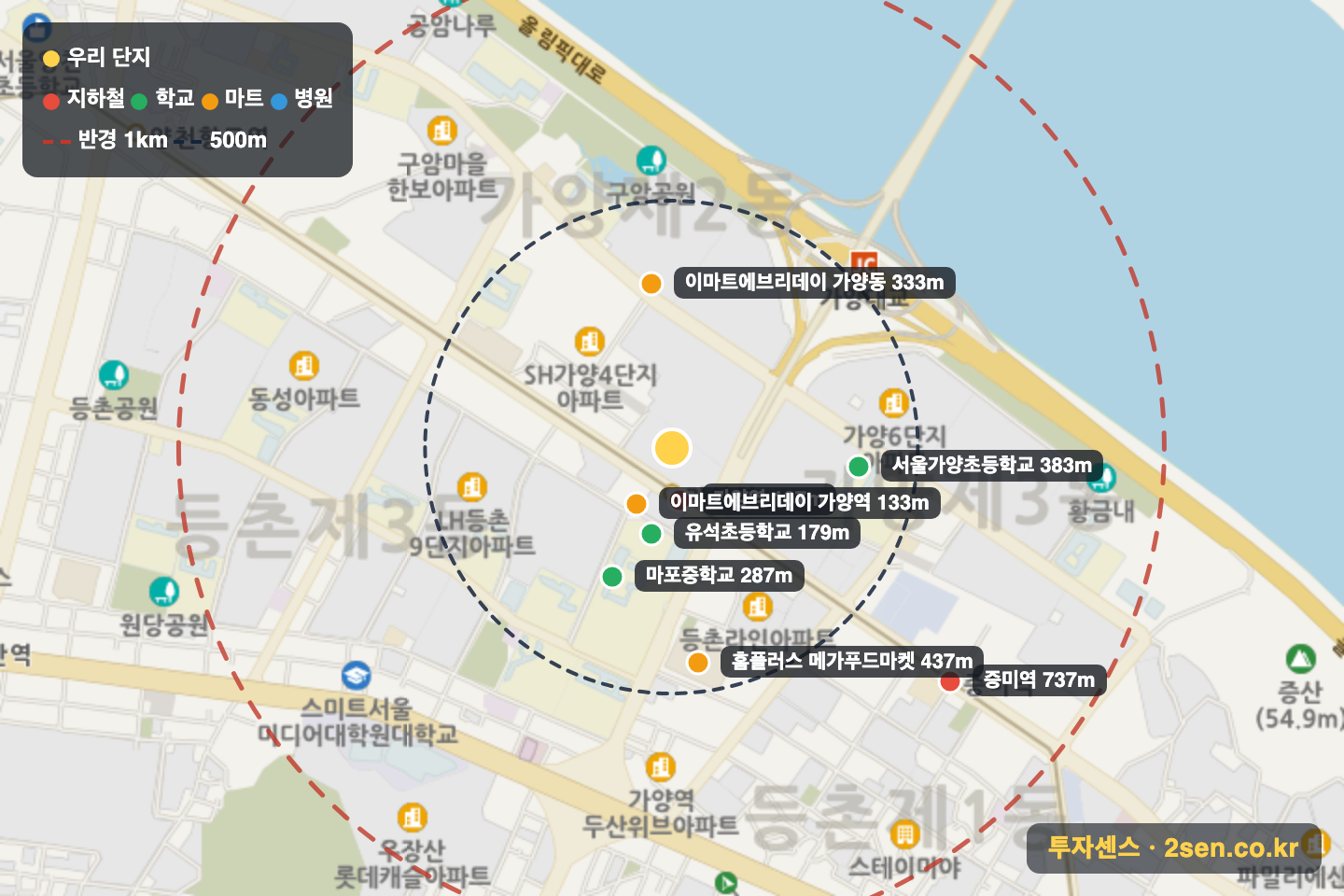 가양우성 반경 1km 입지 지도(지하철·학교·마트)