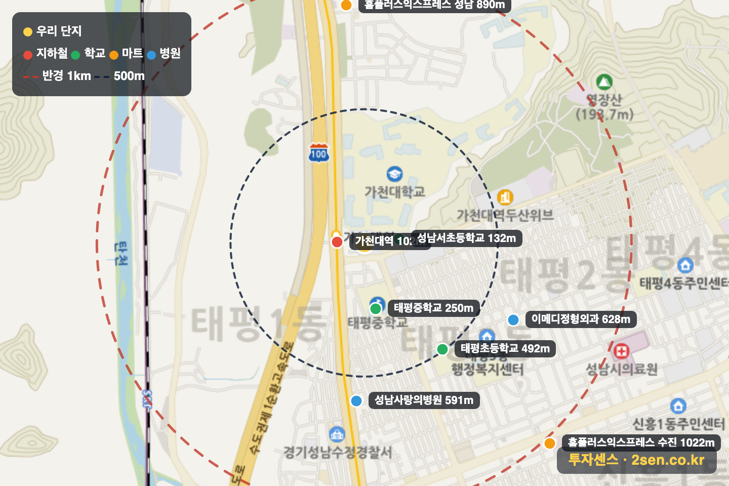가천대역쌍용스윗닷홈 반경 1km 입지 지도(지하철·학교·마트)