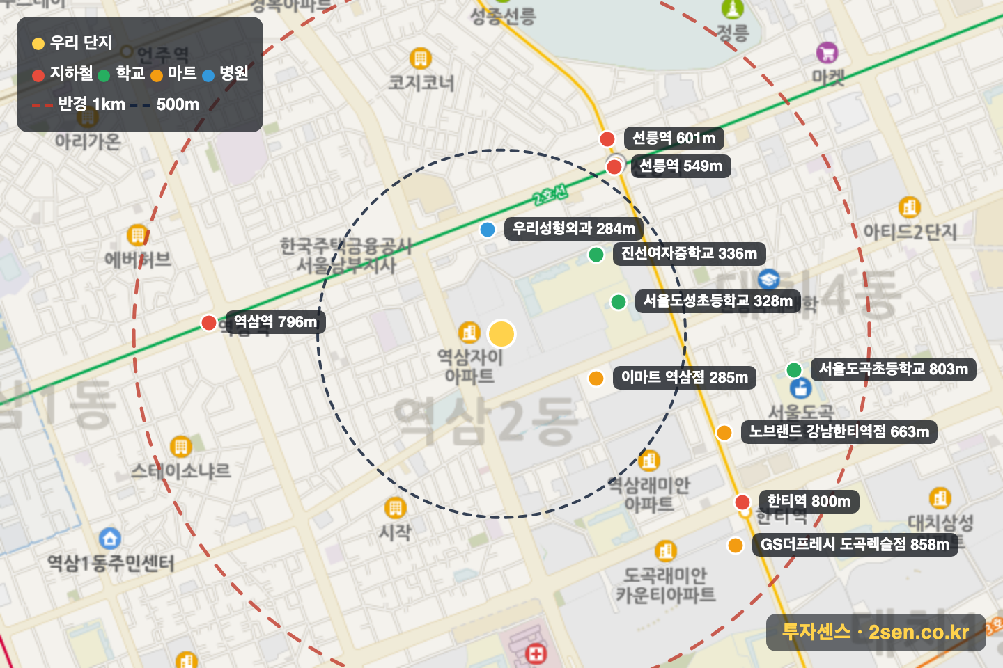 강남센트럴아이파크 반경 1km 입지 지도(지하철·학교·마트)