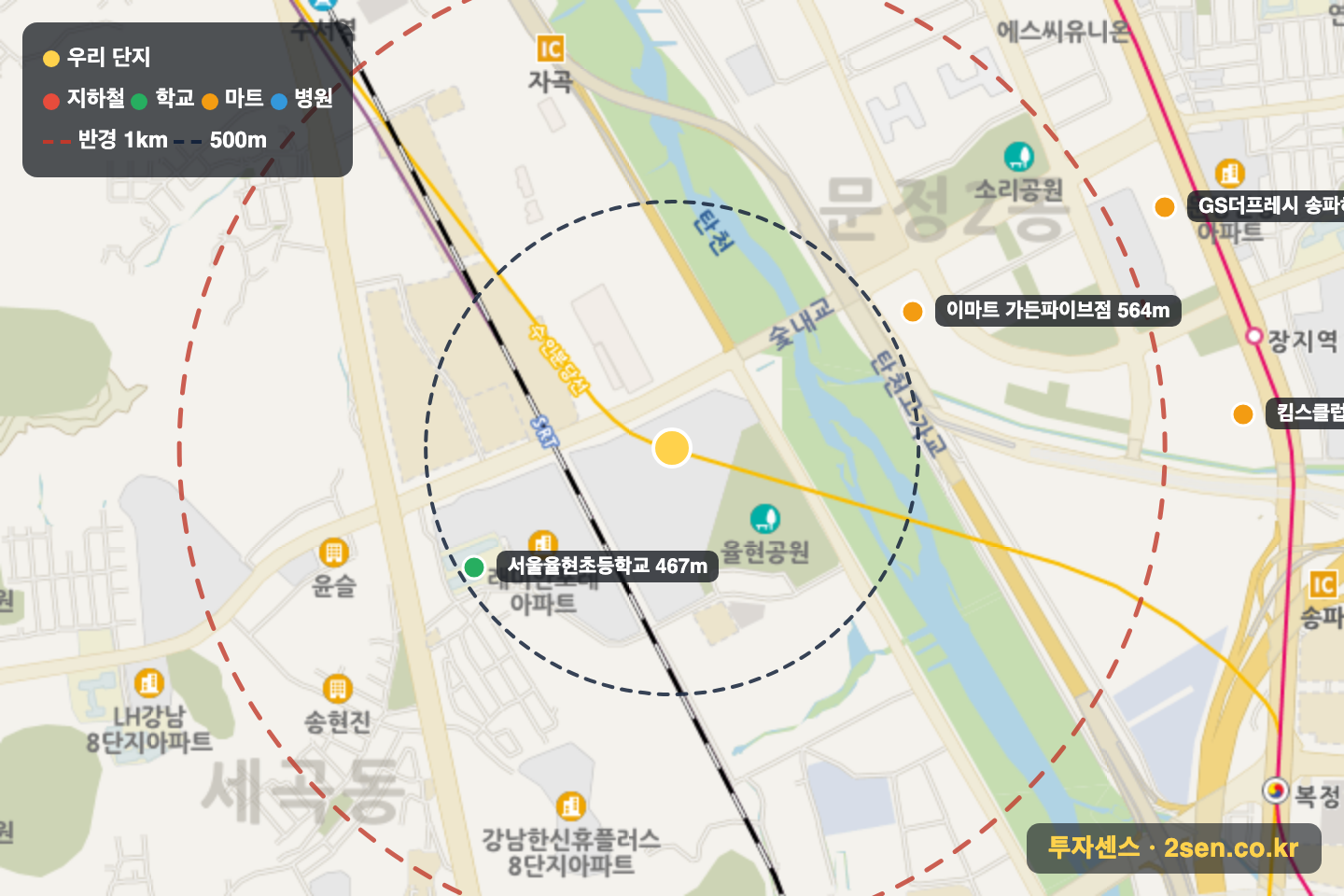강남한양수자인(4단지) 반경 1km 입지 지도(지하철·학교·마트)