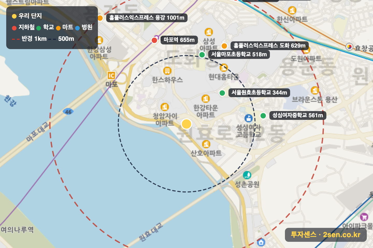 강변삼성스위트 반경 1km 입지 지도(지하철·학교·마트)