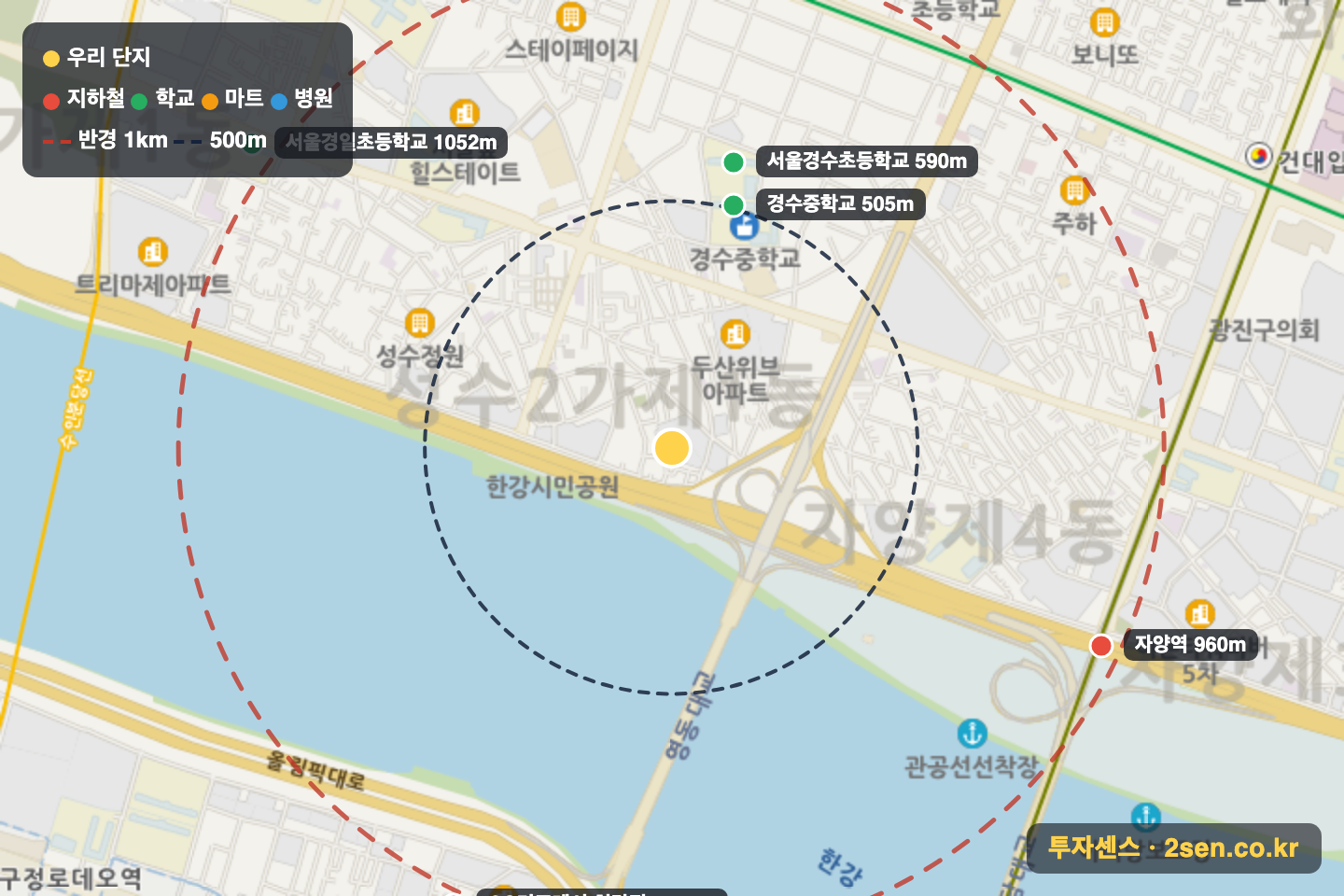 강변임광 반경 1km 입지 지도(지하철·학교·마트)