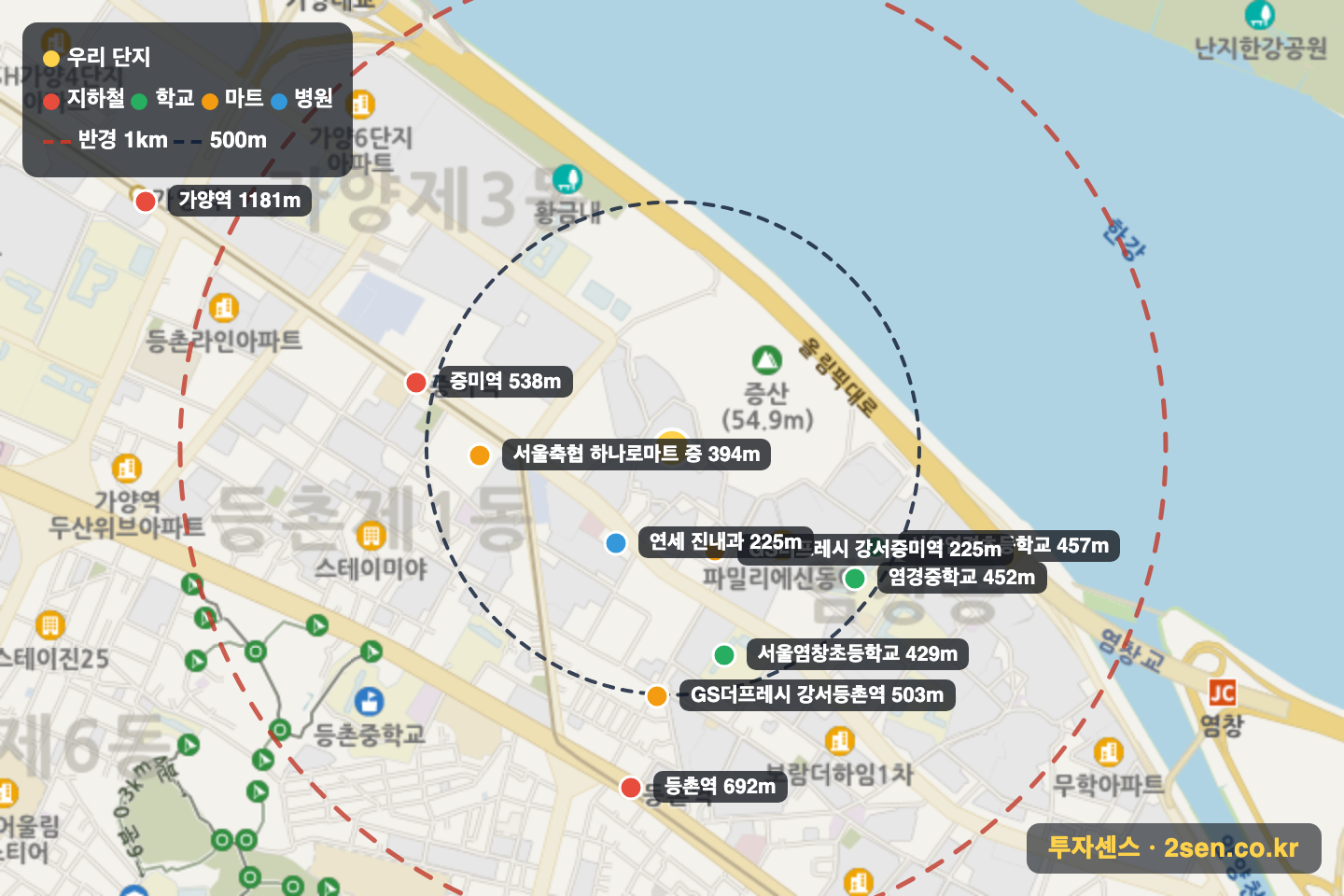 강변한솔솔파크 반경 1km 입지 지도(지하철·학교·마트)