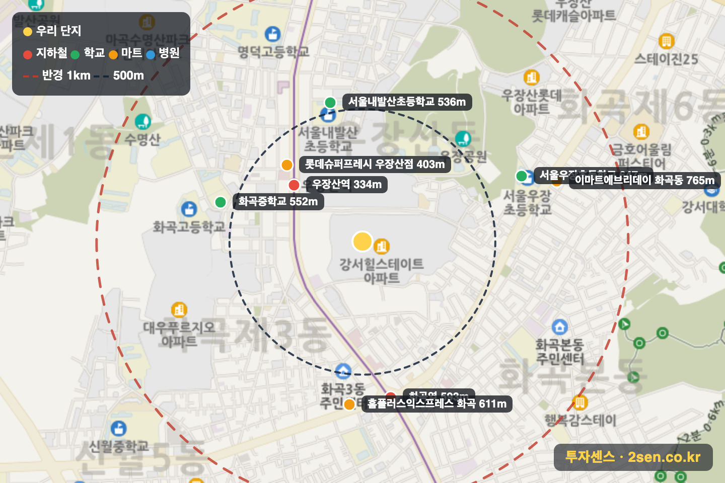 강서힐스테이트 반경 1km 입지 지도(지하철·학교·마트)
