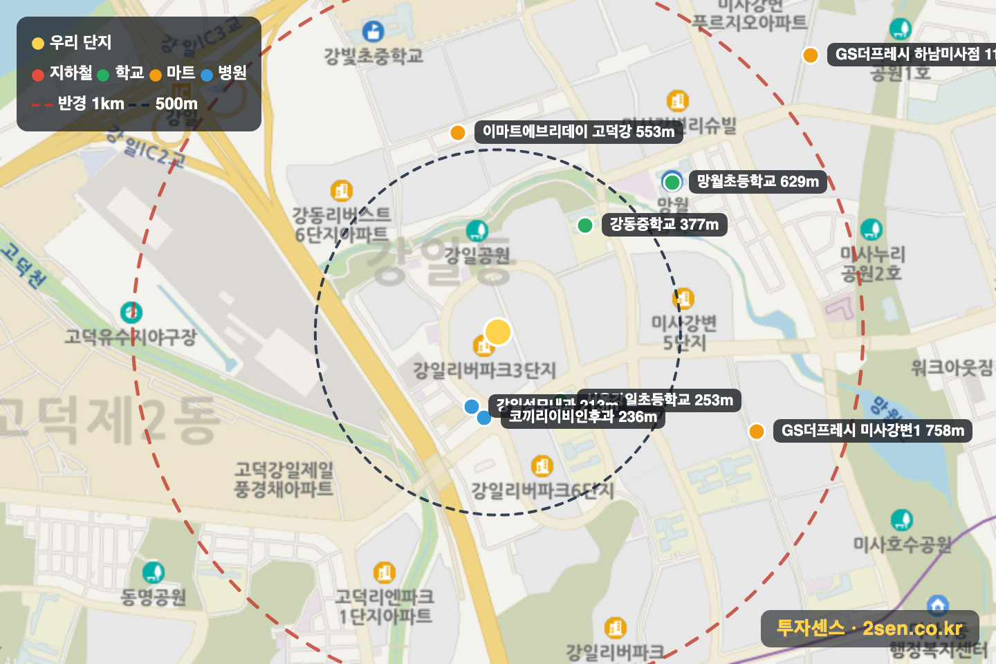 강일리버파크3단지 반경 1km 입지 지도(지하철·학교·마트)