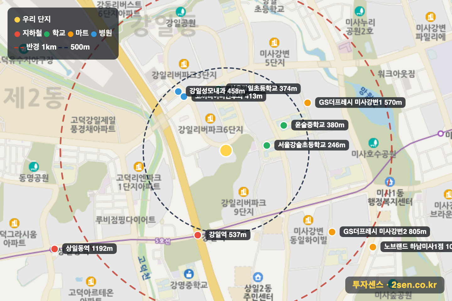 강일리버파크8단지 반경 1km 입지 지도(지하철·학교·마트)