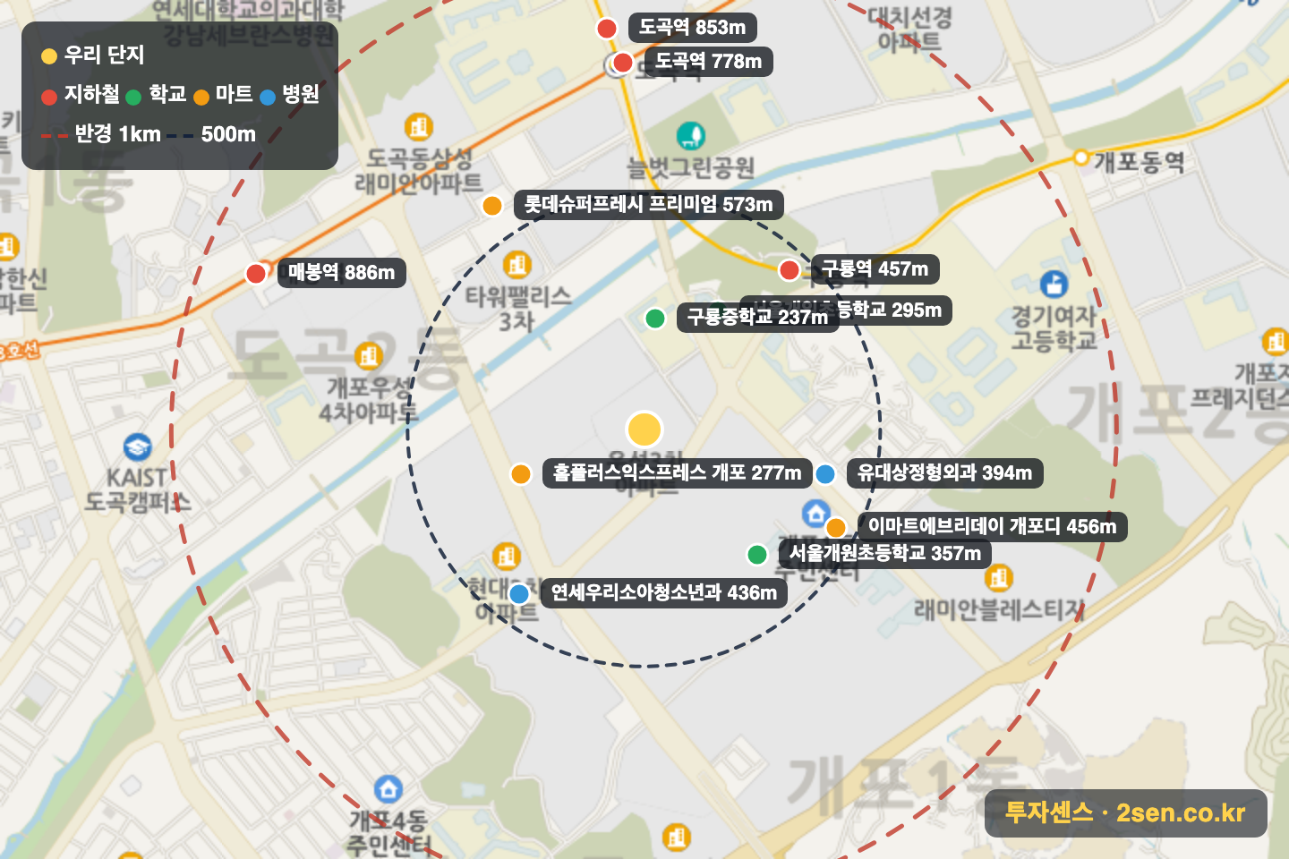 개포우성3차 반경 1km 입지 지도(지하철·학교·마트)