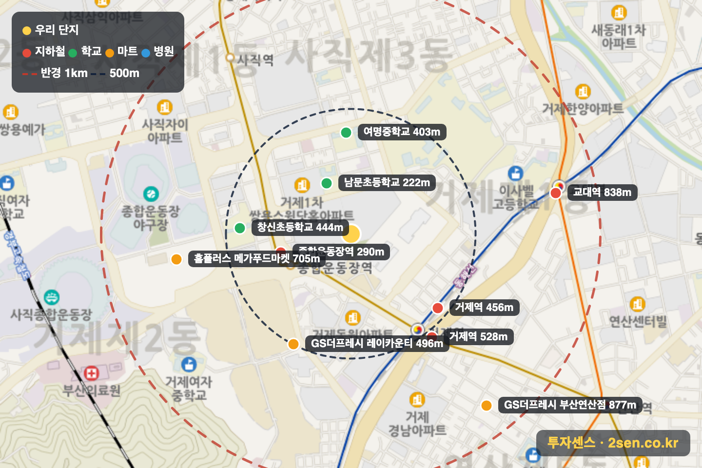 거제1차현대홈타운 반경 1km 입지 지도(지하철·학교·마트)