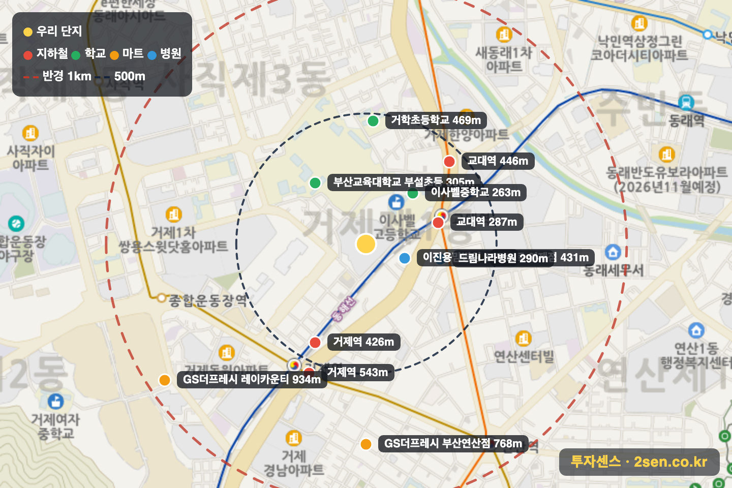 거제센트럴자이 반경 1km 입지 지도(지하철·학교·마트)