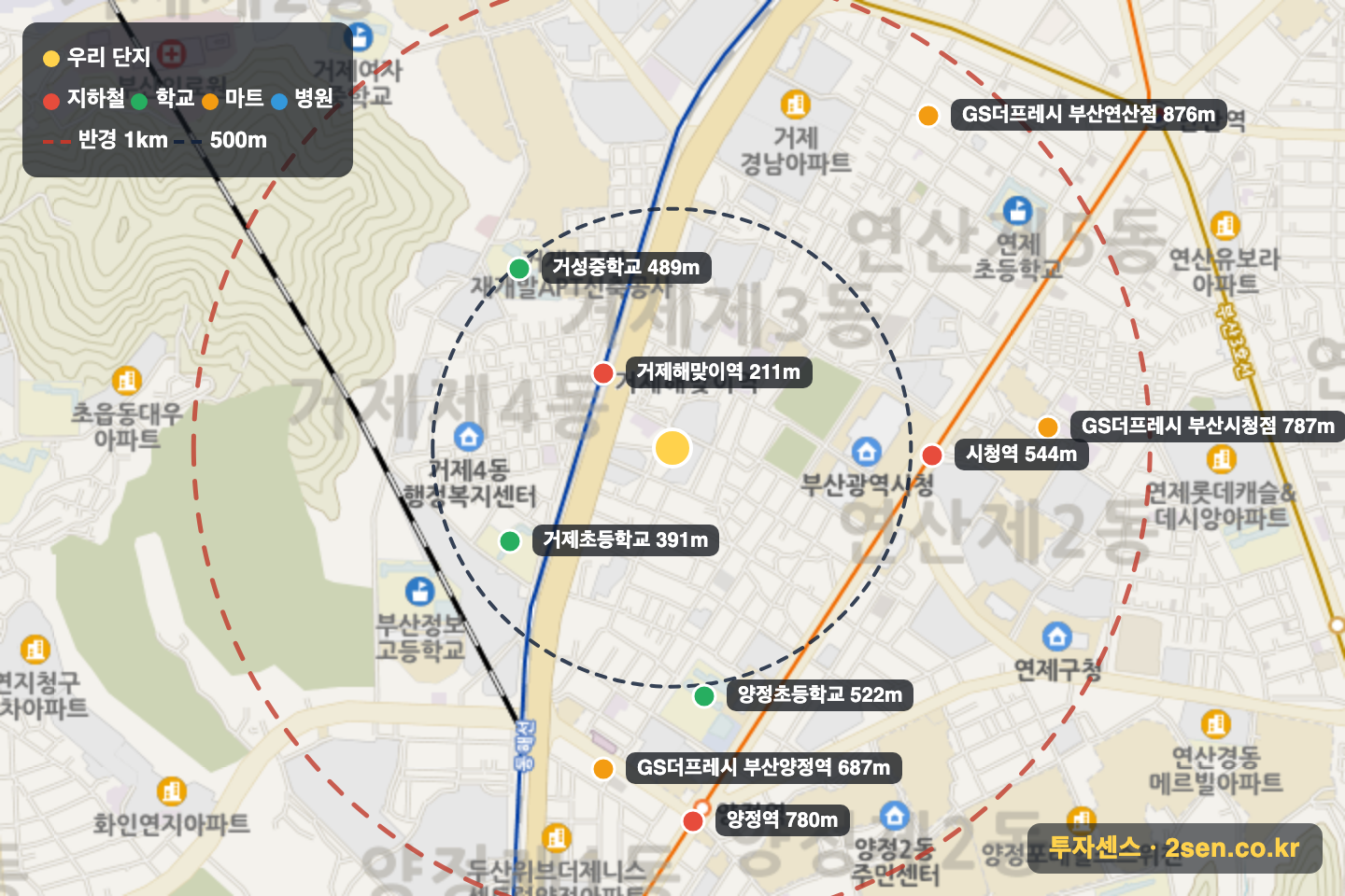 거제유림노르웨이숲 반경 1km 입지 지도(지하철·학교·마트)