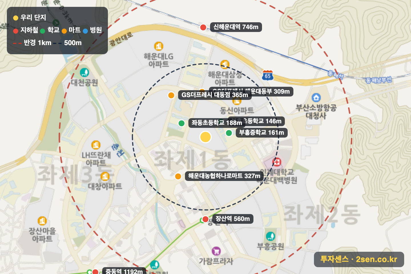 건영2 반경 1km 입지 지도(지하철·학교·마트)
