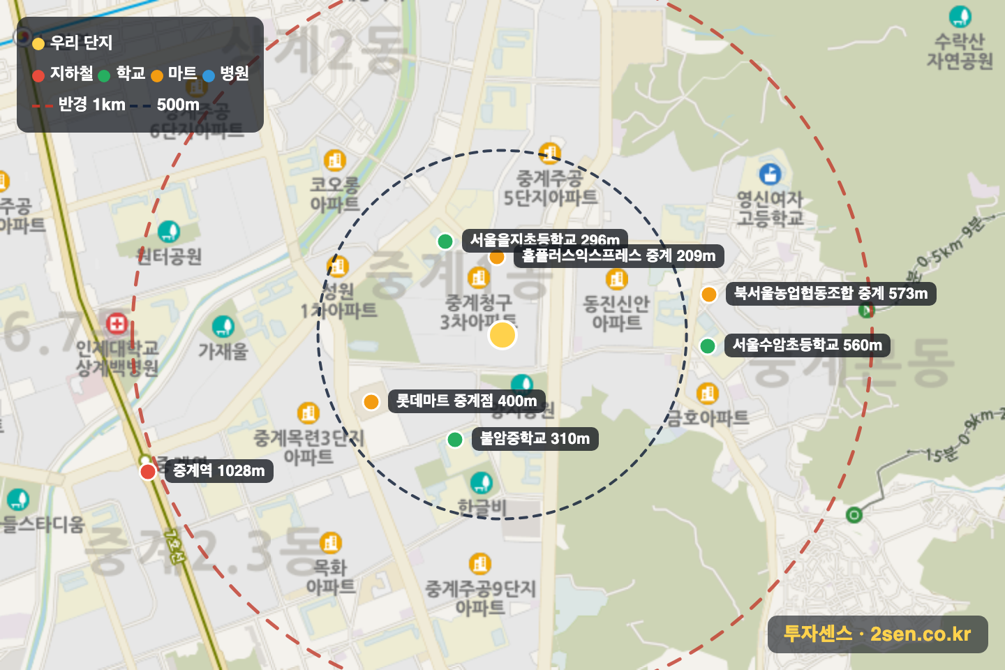 건영3 반경 1km 입지 지도(지하철·학교·마트)