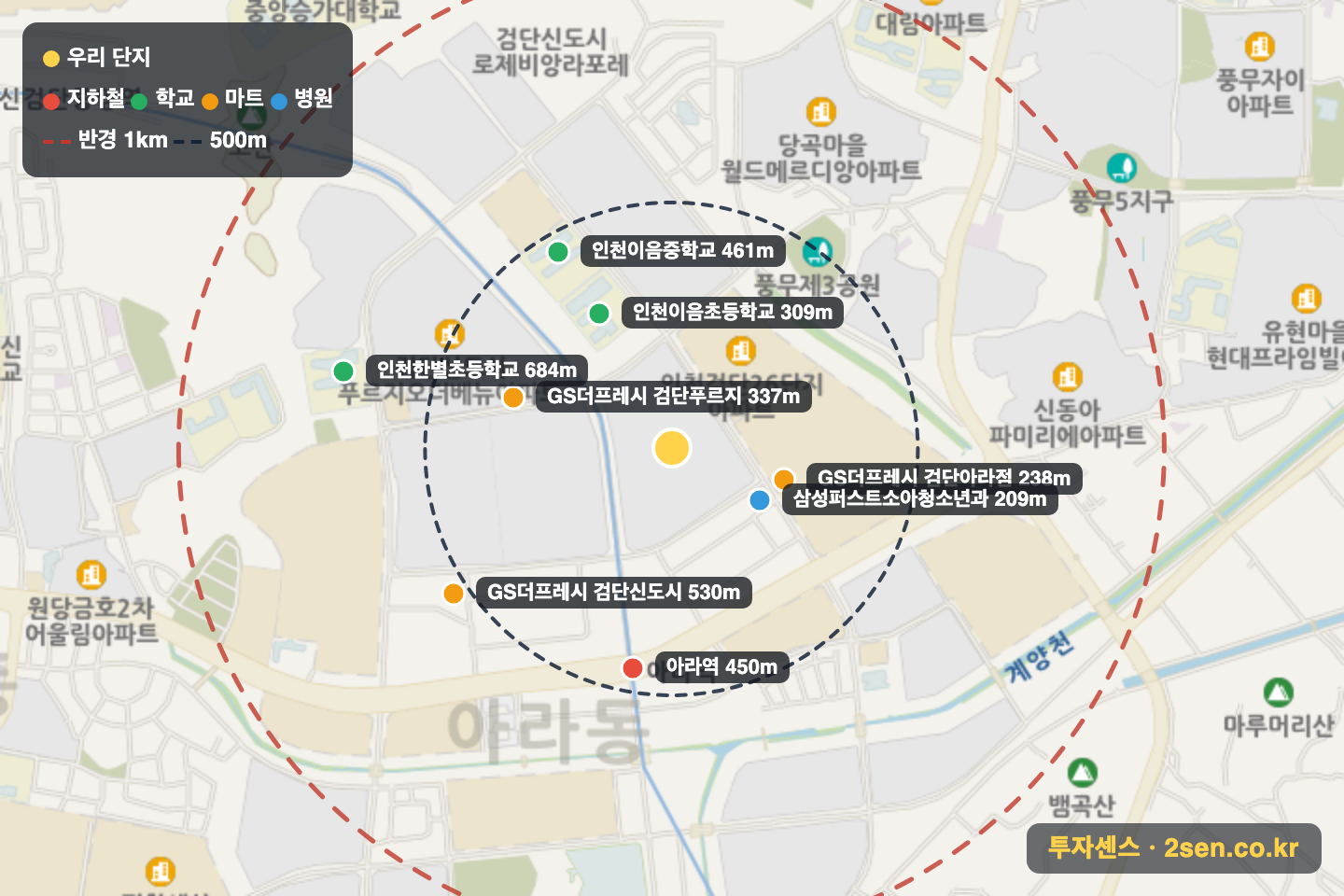 검단 금호어울림 센트럴 반경 1km 입지 지도(지하철·학교·마트)