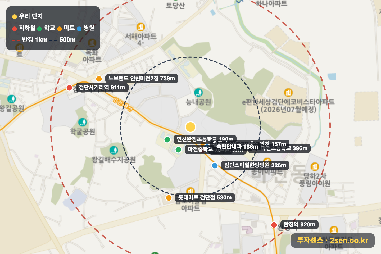 검단2차아이파크 반경 1km 입지 지도(지하철·학교·마트)