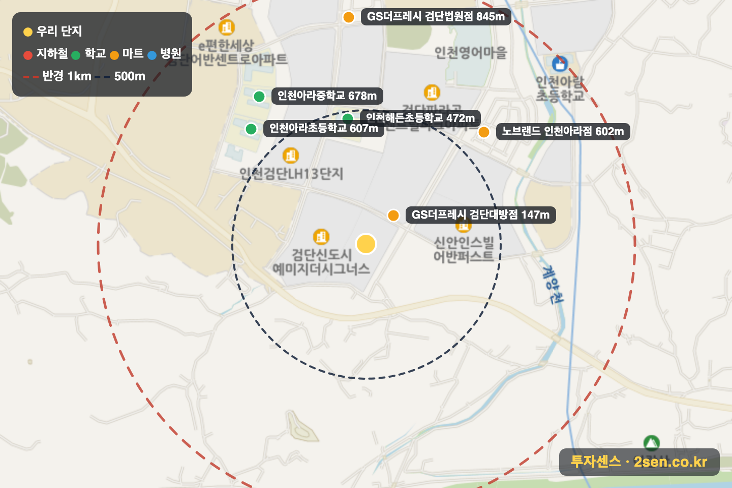 검단신도시대성베르힐라프리미어 반경 1km 입지 지도(지하철·학교·마트)