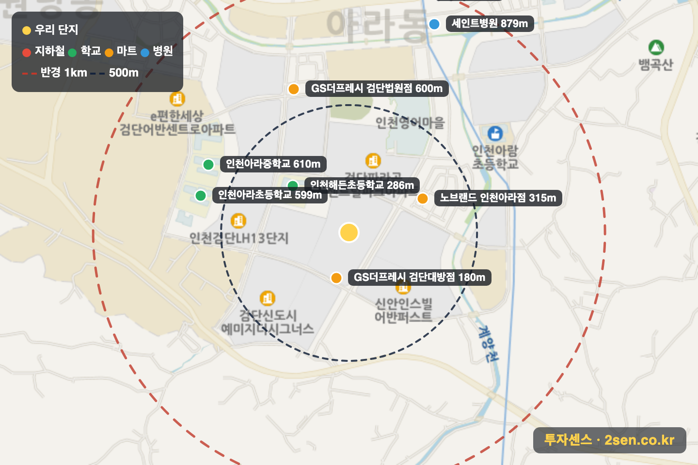 검단신도시디에트르더펠리체 반경 1km 입지 지도(지하철·학교·마트)