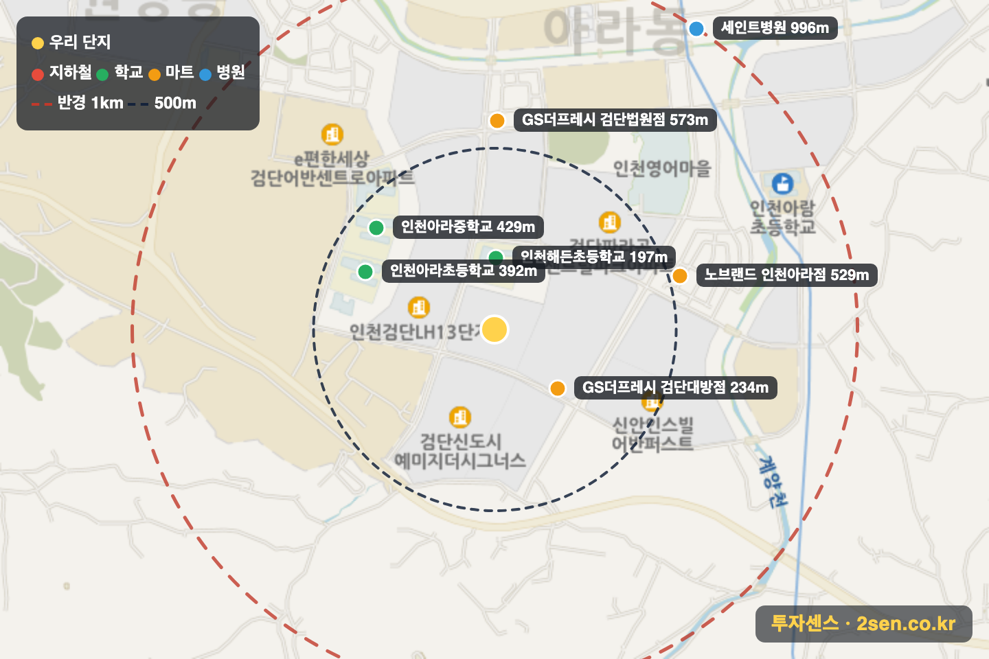 검단신도시모아미래도엘리트파크 반경 1km 입지 지도(지하철·학교·마트)