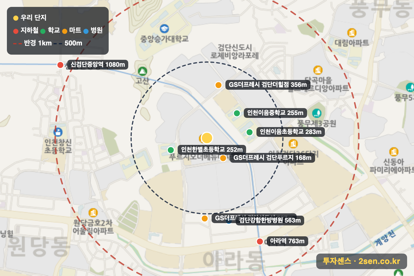 검단신도시푸르지오더베뉴 반경 1km 입지 지도(지하철·학교·마트)
