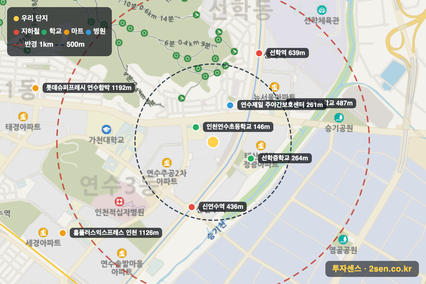경남 반경 1km 입지 지도(지하철·학교·마트)